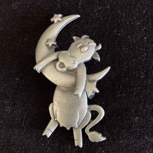 Signed JJ Vintage Figural Cow Jump Over the Moon Brooch Pin